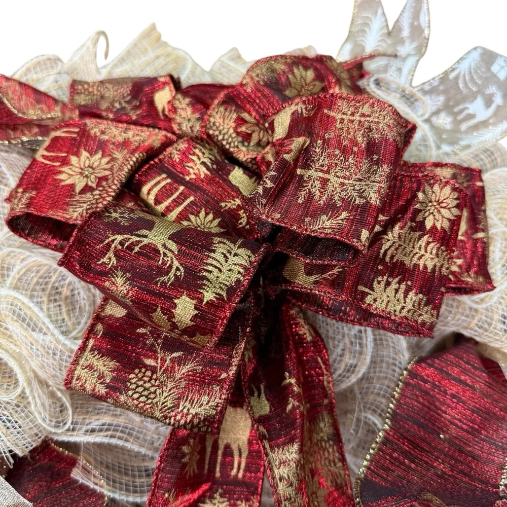 Handmade Rustic Reindeer Deco Mesh Wreath Cream, Red & Gold Holiday Decor 22